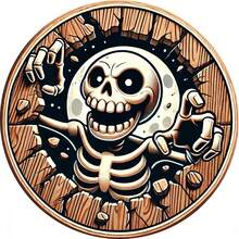 2D Flat Surface, 8inch Bohemian Gothic Style Round Wooden Wall Decoration - 2D Flat Skull And Skeleton Hand Design With Smiling Skull And Broken Moon Face - Black Gold Retro Artificial Wood Board - Pre-Drilled Easy Hanging - Lightweight, 2D Flat Surface, Party Decoration, Dark Decoration, Retro Aesthetics, Lightweight Decoration, Durable Material, Gothic Artwork, Gothic Enthusiasts, Halloween Enthusiasts - 8*8 Inches - View 2