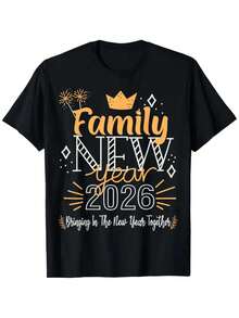 Women & ' 2026 New Year & Christmas T-Shirt - 100% Cotton Soft Breathable Short Sleeve Round Neck Top With 2026 Year Print & Star Patterns - Family Matching Holiday Outfits For NYE Parties, 2026 Celebration Apparel - Loose Fit Casual - 黑色 - 查看 1