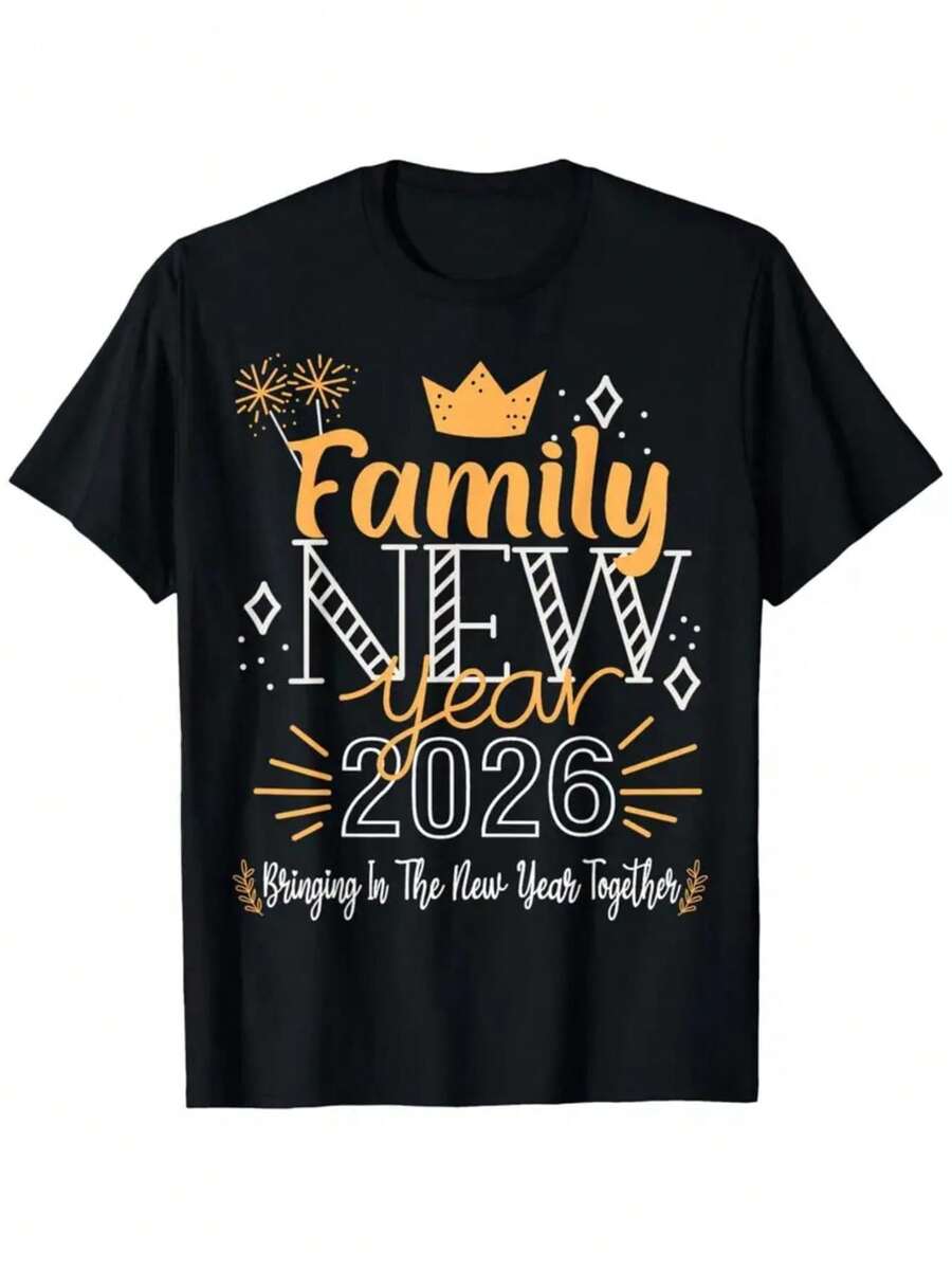 Women & ' 2026 New Year & Christmas T-Shirt - 100% Cotton Soft Breathable Short Sleeve Round Neck Top With 2026 Year Print & Star Patterns - Family Matching Holiday Outfits For NYE Parties, 2026 Celebration Apparel - Loose Fit Casual - 黑色 - 查看 1