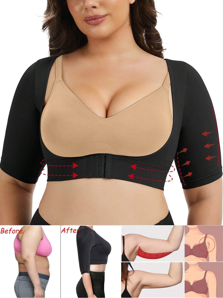 Women Upper Arm Shaper Compression Sleeve Top Short Sleeves Tops Slimming Shapewear Body Shaper Seamless Shaping Top Underwear Undershirts - Black - View 1