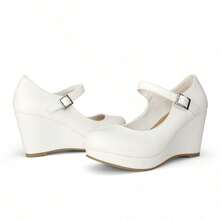 Women's Platform Wedge Pumps With Ankle Strap – Comfortable Closed Toe Dress Shoes For Work, School Uniforms, Festivals, & Special Occasions - 白色 - 查看 1