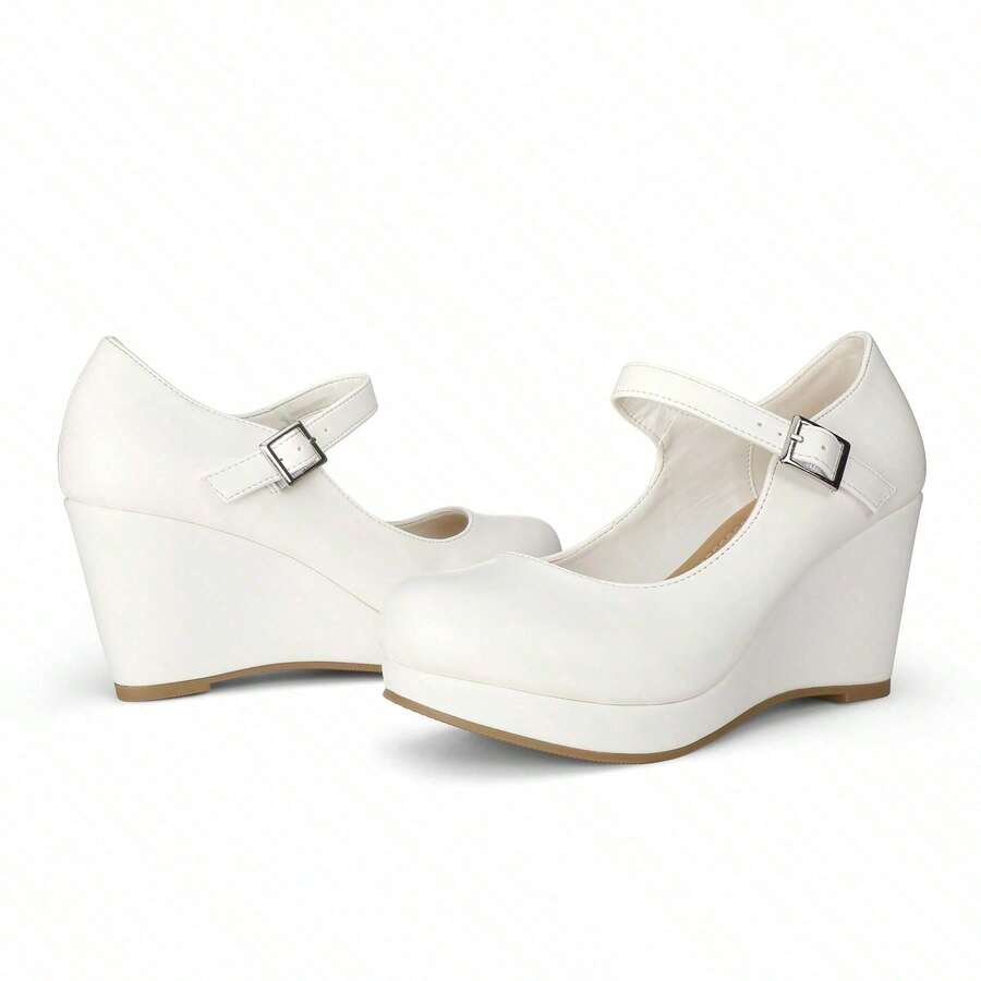 Women's Platform Wedge Pumps With Ankle Strap – Comfortable Closed Toe Dress Shoes For Work, School Uniforms, Festivals, & Special Occasions - 白色 - 查看 1