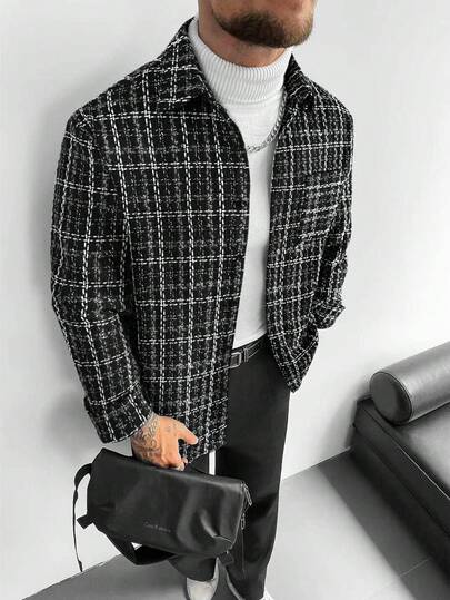 男士复古衬衫外套 - 黑白格纹粗花呢图案，宽松版型，适合旅行和约会之夜，多功能工作服户外旅行衬衫外套，男女皆宜，可作为送给男友或丈夫的情侣礼物