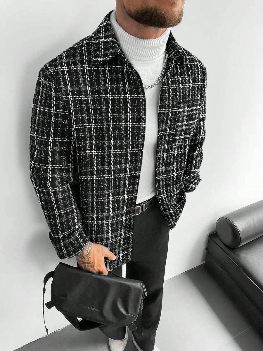 男士复古衬衫外套 - 黑白格纹粗花呢图案，宽松版型，适合旅行和约会之夜，多功能工作服户外旅行衬衫外套，男女皆宜，可作为送给男友或丈夫的情侣礼物