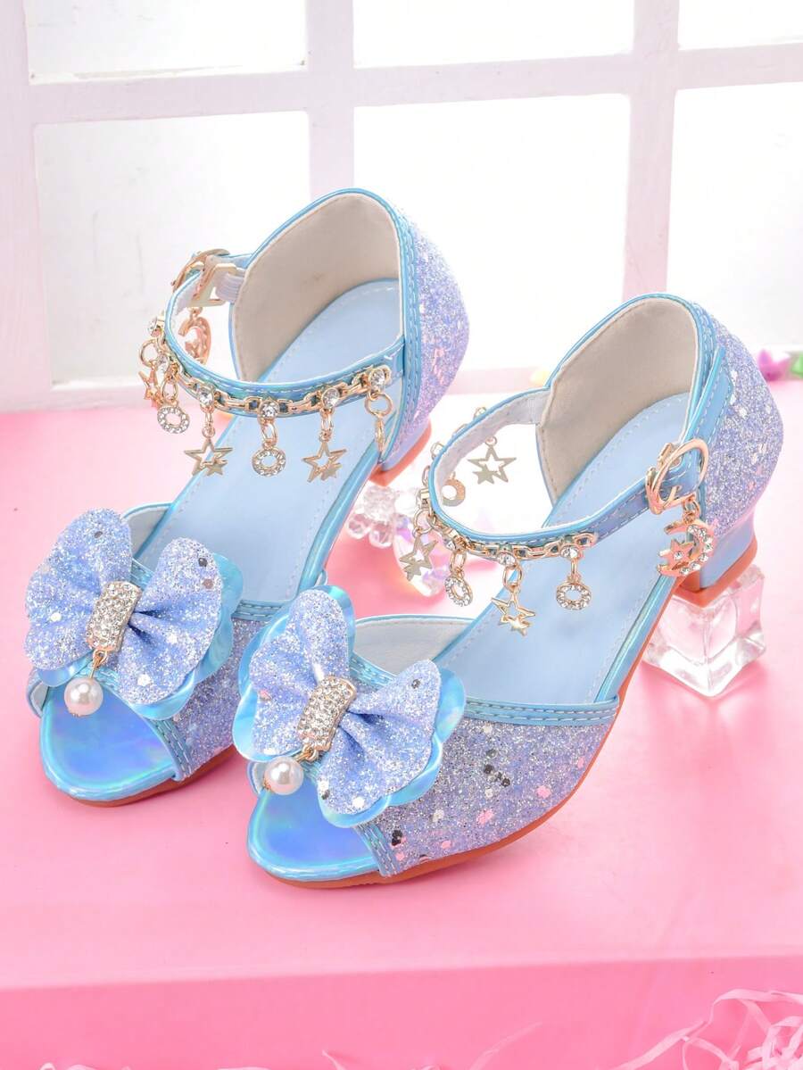 Girls' Fashion High Heel Sandals, Rainbow Glitter Kids Pageant Shoes For Little Girls, Suitable For Stage Performance, Party And Formal Occasions - Blue - View 1