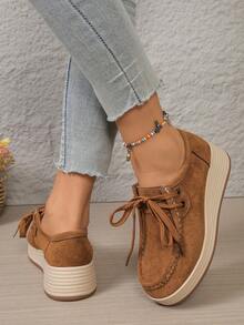 Women's Fashion Casual Shoes, Solid Color Metal Eyelets Lace-Up, Faux Suede Lining, Platform Wedge Sneakers - Brown - View 3
