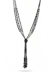 Collar largo con abalorio multinivel para mujer, estilo clásico, color negro carbón, colección Charleston de los años 20, collar largo en Y, collar Larait - Juego de arete de collar con abalorio - Ver 1