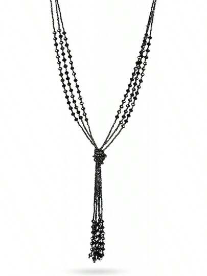 Collar largo con abalorio multinivel para mujer, estilo clásico, color negro carbón, colección Charleston de los años 20, collar largo en Y, collar Larait
