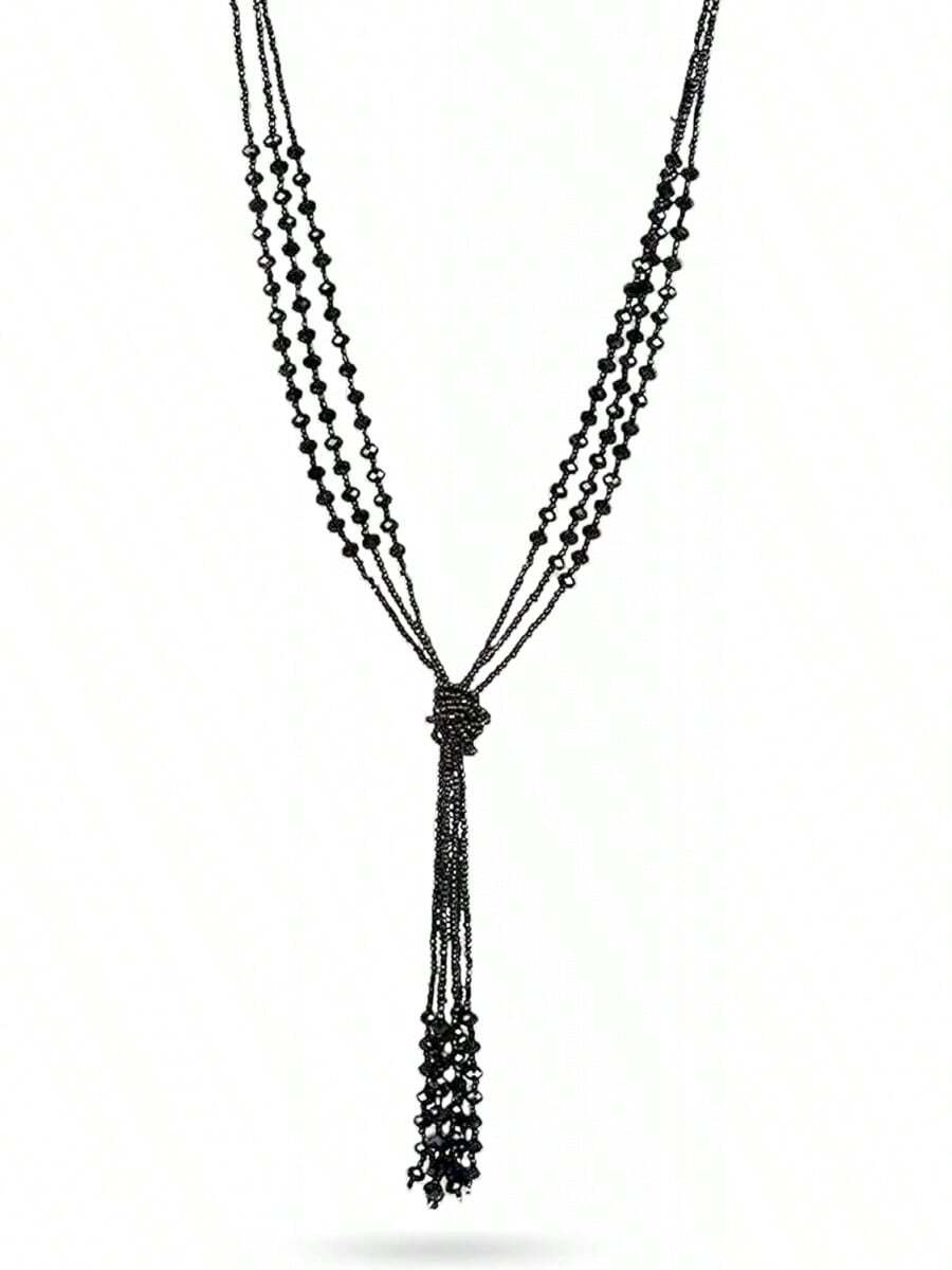 Collar largo con abalorio multinivel para mujer, estilo clásico, color negro carbón, colección Charleston de los años 20, collar largo en Y, collar Larait - Juego de arete de collar con abalorio - Ver 1