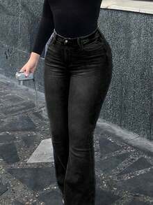 Plus Size Women Distressed Elastic Skinny Flare Jeans Casual Black Spring - Black - View 4