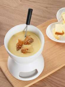 1pc Ceramic Chocolate Fondue Set, Mini Pot For Dessert, Cheese, Butter Melting With Plastic Tray