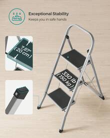 Step Ladder, 3-Step Ladder, Folding Ladder, Safety Lock, Space-Saving Storage, Holds Up To 150 Kg, Grey - Grey - View 4