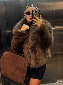 MUMRAP Winter Women Vintage Solid Warm Faux Fur Coat Casual Loose Lapel Jacket - Brown - View 7