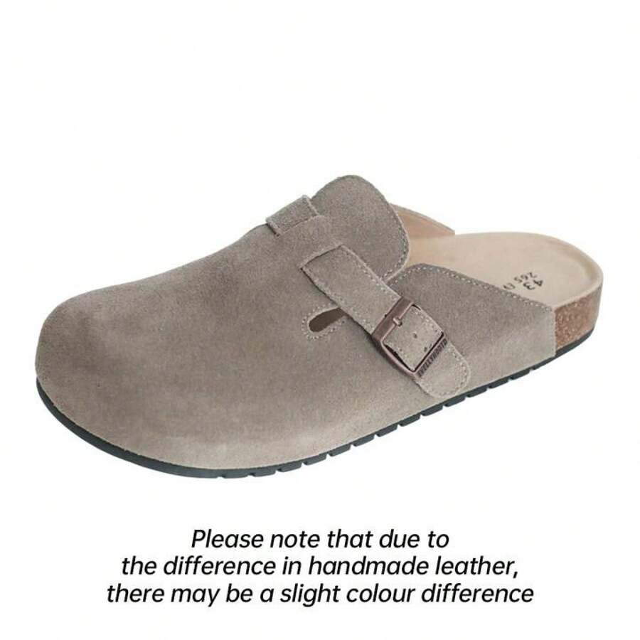 EVELLYHOOTD Women Men Genuine Suede Round Toe Cork Footbed Clogs Potato Shoes Slide Outdoor Gym Shoes With Arch Support Flat Clogs Retro Fashion Walking Shoes Slippers [Wide Feet PLS SIZE UP ] - Màu nâu nhạt - Xem 1