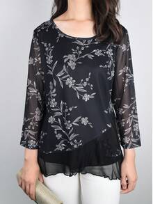Floral Print Asymmetrical Hem Blouse - Black - View 1