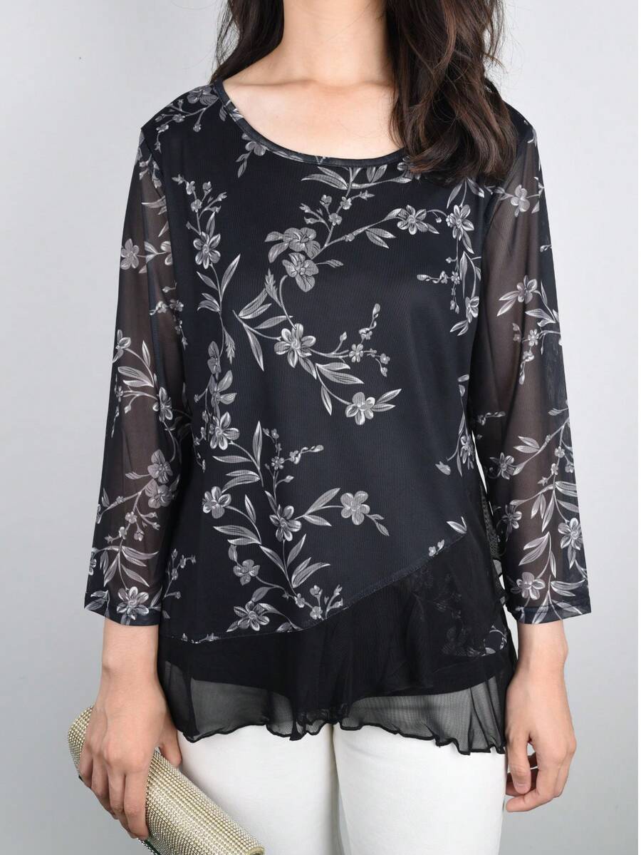 Floral Print Asymmetrical Hem Blouse - Black - View 1