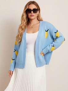 Plus-Size Women's Fall And Winter Fashionable V-Neck Long-Sleeve Knitted Cardigan, With Mango Jacquard Color-Blocking Design, Ideal For Sweet And Casual Daily Wear And School Outfits.