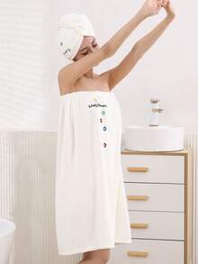 2pcs Women Minimalist Embroidered Soft & Comfortable Bath Robe And Bath Cap Set Summer Wedding Home Bathroom Decor Back To School - White Plum Blossom Skirt - View 9