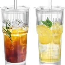 20oz Vertical Stripes Glass Coffee Cups With Lid & Straw Set Of 4 Premium Thickened Glass For Iced Coffees Cocktails Juices Family Use & Parties Leak Proof Tumblers Drinkware Stylish - 2Pack - View 9