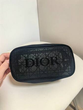 Christian Dior Black Portable High-End Textured Tartan Mesh Makeup Pouch Minimalist Toiletry Bag