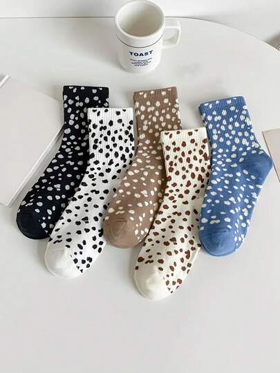 5 pares de calcetines medianos con estampado de leopardo para mujer, calcetines medianos simples y cómodos, calcetines minimalistas casuales y versátiles, adecuados para otoño/invierno, uso diario
