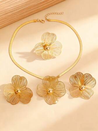 4件套时尚奢华花卉耳环、项链、戒指首饰套装，复古别致设计，优雅大方，适合日常、派对、订婚、生日等场合佩戴。