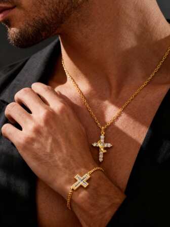 嘻哈街头时尚铜十字架项链套装，男士镀金，寓意祝福与祈祷，是送给男友、丈夫、朋友、家人的理想礼物。