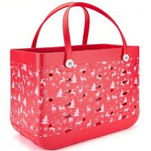 Christmas Pattern EVA Tote Bag, 17-Inch Women's Large Capacity Beach Bag, Snowflake And Deer Pattern Vacation Tote Bag, Rubber Waterproof Beach Bag, Tote Bag, Suitable For Outdoor Camping, Leisure Shopping, And Travel. - Đỏ - Xem 1