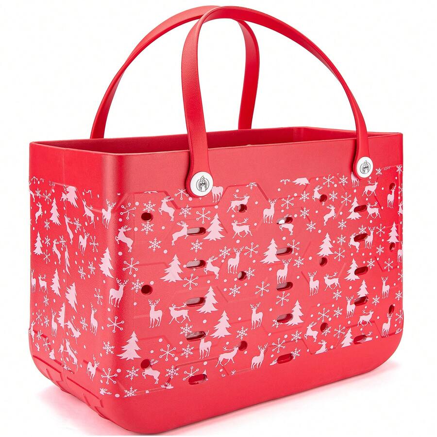 Christmas Pattern EVA Tote Bag, 17-Inch Women's Large Capacity Beach Bag, Snowflake And Deer Pattern Vacation Tote Bag, Rubber Waterproof Beach Bag, Tote Bag, Suitable For Outdoor Camping, Leisure Shopping, And Travel. - Đỏ - Xem 1