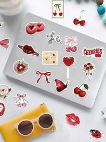 50pcs Red Aesthetic Stickers, Valentine's Day Stickers, Girl Stickers, Handmade Materials, Vinyl Stickers - Multicolor - View 7