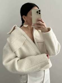 TRAFZA Damen Lässig Jacke aus Kunstwolle, einfarbiger Kragen, Langarm, praktische Taschen, weite Passform, Herbst/Winter - Beige - Übersicht 6