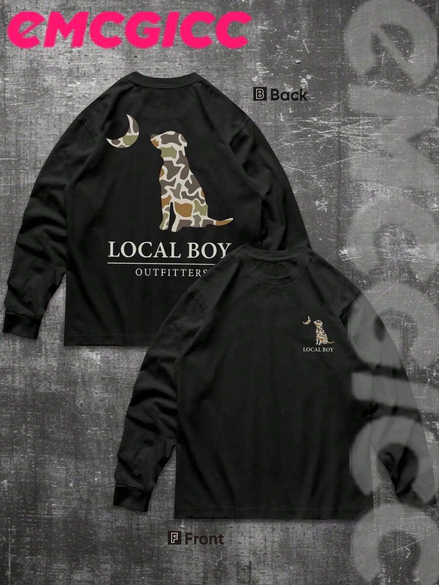 EMCGICC Street Life LOCAL BOY Men's Y2k Style (250 Cotton T-Shirt) Long Sleeve Shirt, Cotton Graphic T-Shirt, Men's Hip Hop Style - Long Sleeve T-Shirt, Fun Vintage Shirt, Regular Fit, Street Style, Halloween, Digital Print, Ideal Gift - 黑色 - 查看 1