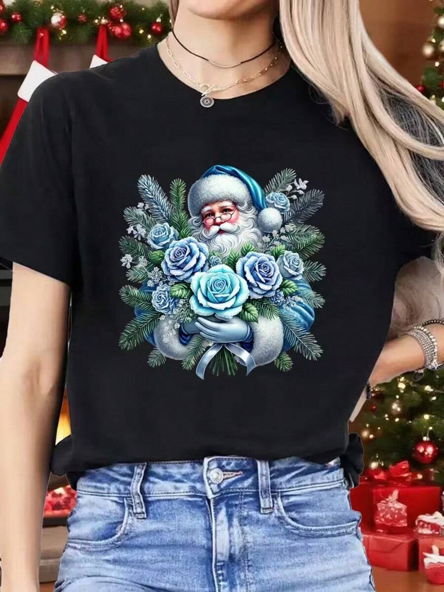 Camiseta informal de mujer con estampado de Papá Noel sosteniendo una rosa azul y una rama de pino. Cómoda camiseta de manga corta y cuello redondo, ideal para primavera y verano, fiestas navideñas y conjuntos de invierno; perfecta para cualquier ocasión. Color liso, estilo informal, ideal para fiestas navideñas, el Día de San Patricio, reuniones familiares y para el día a día. - Negro - Ver 1