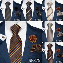 AlanKing 8cm Elegant Dignified Charming Yellow-Brown Striped Necktie 4-Piece Set, Suitable For Business Events, Weddings, Banquets And Parties - Color Mixing - View 1