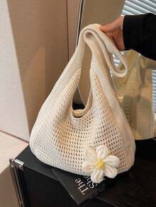 [Free Shipping] Boho Crochet Beach Bag, Woven Straw Tote For Women, Handmade Style Vacation & Market Bag, Lightweight For Seaside, Picnic, Shopping, And Summer Holiday , Crochet - 米色 - 查看 8