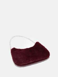 1件亮片和人造毛皮装饰闪亮水钻腕饰，女士拉链斜挎包，适合度假和派对 - 酒紅色 - 查看 4