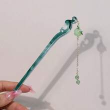 1 buc Evantai Decorativ, Pandantiv Lung cu Mărgele Negre, Decor cu Frunze Mici de Bambus, Decor Ruyi Verde, Model Aleator de Ac de Păr, Clamă de Păr Vintage cu Ciucure, Accesoriu Elegant de Păr Hanfu în Stil Chinezesc pentru Femei - Multicolor - Vizualizare 3