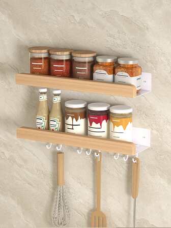 1pc Wall-Mounted Spice Rack White Modern Design - No-Drill Adhesive/Screw-Mountable Kitchen Storage Shelf With Multiple Tiers & Hanging Shelf - Space-Saving Vertical Organizer For Pantry, Kitchen Cabinet, Small Kitchens - Easy Installation