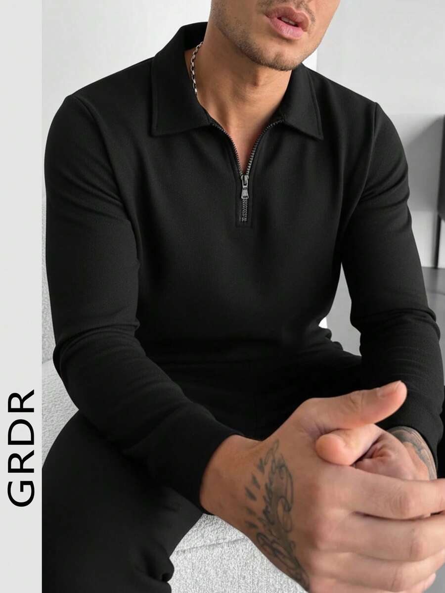GRDR Men's Black Long Sleeve Polo Shirt, Business Casual Commuter Comfortable Versatile Top, Spring/Autumn - Black - View 1