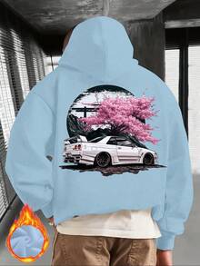 CHICLY19  Japanese Cherry Blossom & JDM Car Graphic Hoodie, Unisex Casual Oversized Pullover Hooded Sweatshirt, Retro Racing Car & Torii Gate Print Top, Cozy Fleece Lined, Perfect For Car Enthusiasts, Streetwear Fans, Casual Outings & Lounging, Ideal Gift For JDM Lovers, Car Guys & Japanese Culture Fans, Breathable Soft Fabric, White, Plus Size Available - 深灰色 - 查看 8