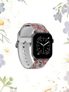 白色底粉色百合花图案，1条柔软弹力透气舒适腕带，适用于 38mm 40mm 41mm 45mm 44mm 42mm 49mm，花卉图案，日常时尚休闲多色硅胶表带，兼容 Ultra系列S11/S10/SE/9/8/7/6/5/4/3/2/1智能手表配件 - 彩色 - 查看 3