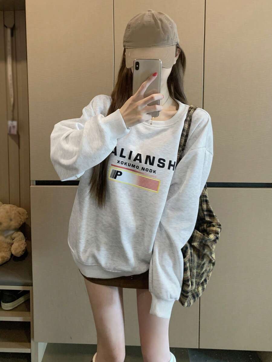 女士宽松圆领长袖卫衣，秋冬季 - 白灰色 - 查看 1