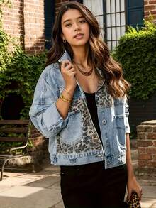 Women's Casual Leopard Print Denim Front Button Pocket Jacket, Suitable For Daily Wear, Birthday Party, Travel, Country Music Concert, Spring/Autumn - Blue - View 2