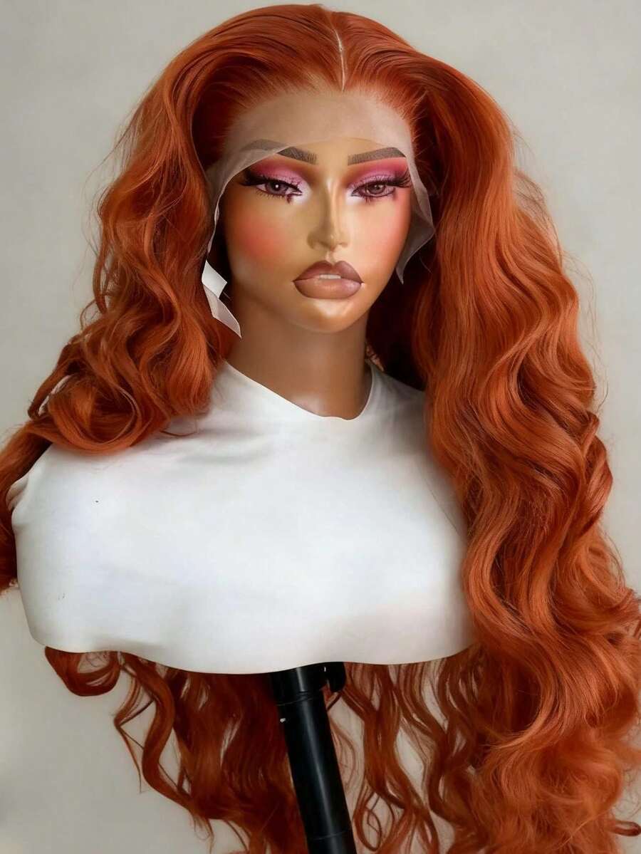 13X4 Middle Part Ginger Orange Body Wave Lace Front Wigs Long Water Wave Wigs Glueless Soft Orange Colored Wigs Heat Resistant Fiber Hair Synthetic Lace Front Wigs For Women For Daily Christmas Party Cosplay Use - 橘色 - 查看 1