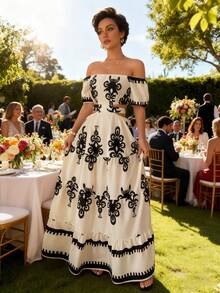 Women's Dresses, Printed Maxi Dress With Off-The-Shoulder And Waist Detail, Retro Resort-Style Dress With A Fitted Waist, Boho-Style Maxi Dress That Slims The Silhouette. - Màu be - Xem 3