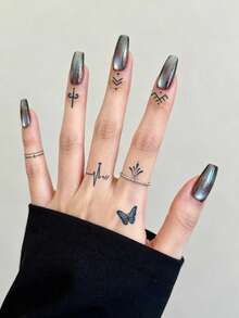STARTTOOS 2pcs Semi-Permanent Finger Tattoo Stickers, Y2K Floral & Celestial Small Patterns, 1-2 Weeks Waterproof, DIY Finger, Ear, Shoulder, Neck, Collarbone Fine Line Temporary Tattoos - Blue - View 3
