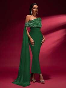Green Solid Color Beaded Sash Off-Shoulder Fitted Dignified Bandage Maxi Dress - Dark Green - View 3