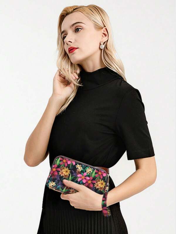 1 Pieza Bolso vintage con diseño floral y triple cremallera, organizador de cosméticos y tarjetas de múltiples capas, cartera de mano para teléfono, lápices labiales y artículos esenciales; embrague portátil para viajes y almacenamiento en el hogar para mujeres, billetera de dinero, billetera mini, bolso, billetera pequeña, billetera linda, billetera con muñequera