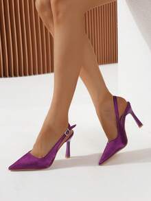 Damskie modne fioletowe satynowe buty na obcasie typu stiletto z szpiczastym noskiem i niską cholewką, z paskiem i klamrą ze strasów - Fioletowy - Zobacz 1