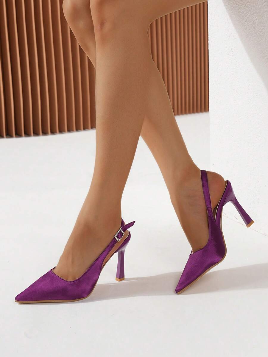 Damskie modne fioletowe satynowe buty na obcasie typu stiletto z szpiczastym noskiem i niską cholewką, z paskiem i klamrą ze strasów - Fioletowy - Zobacz 1